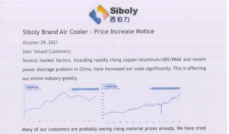 Воздухоохладитель марки Siboly - Уведомление о повышении цен